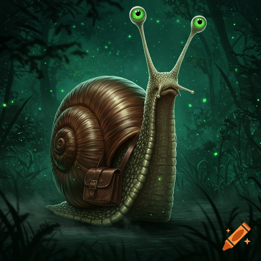 A stylized snail with large green eyes and a brown satchel, standing in a dark, misty forest with glowing green particles.