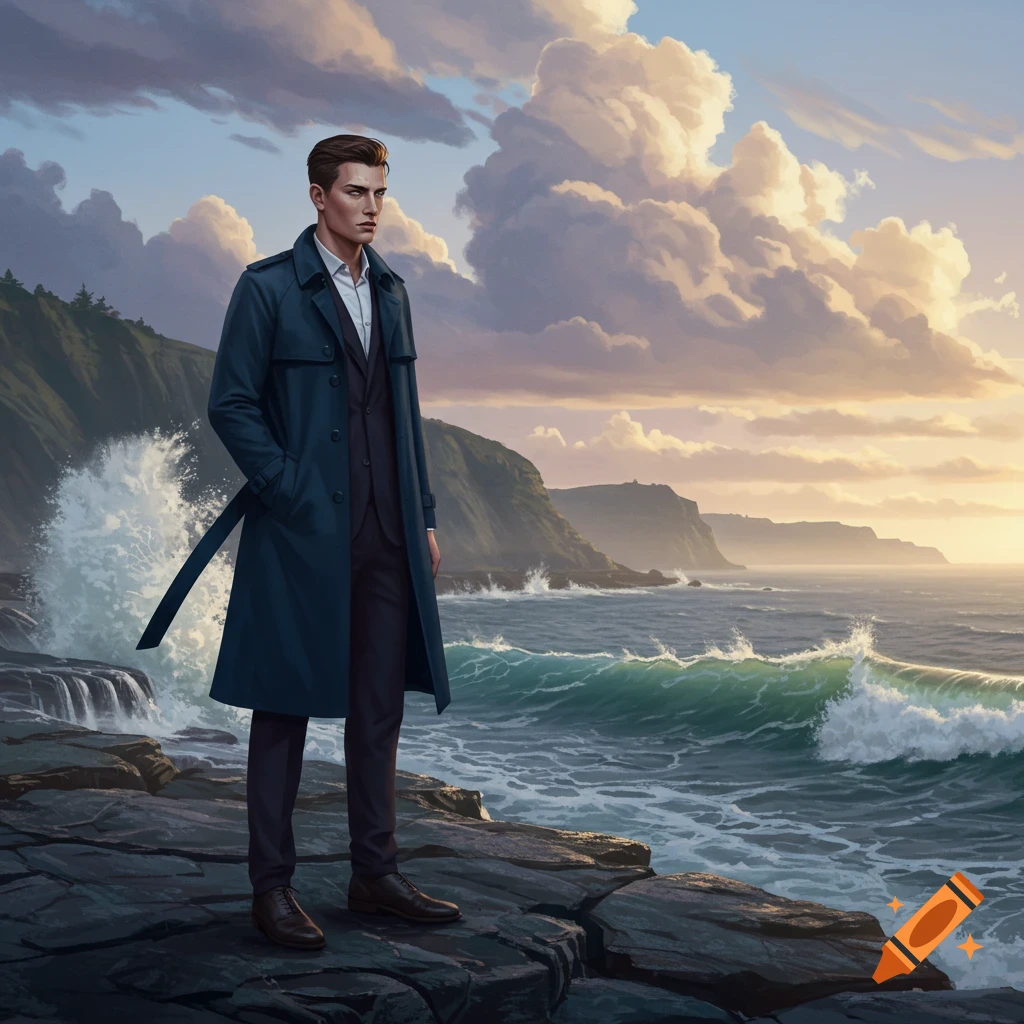 Man in dark trench coat on rocky coast overlooking crashing ocean waves at sunset.