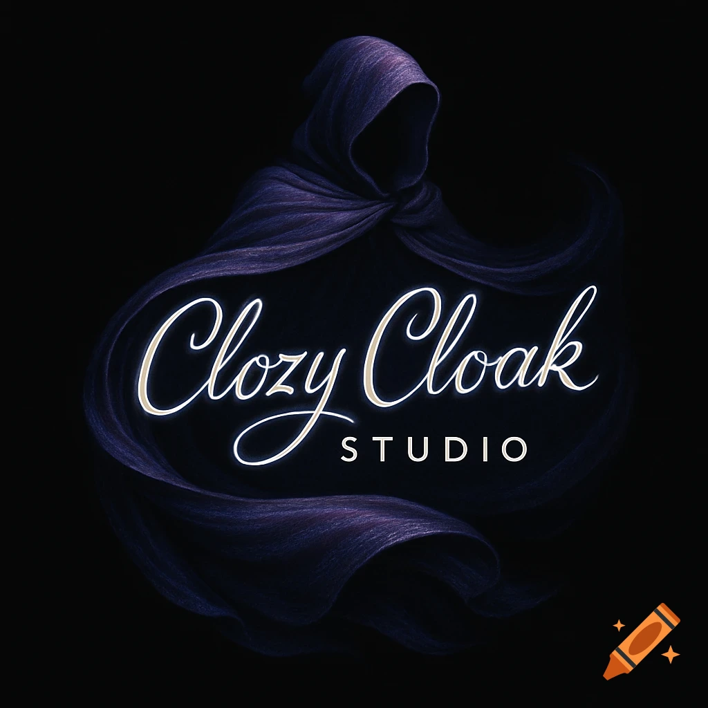 A dark logo featuring a hooded figure with a flowing purple cloak, above the glowing text 'Clozy Cloak STUDIO'.