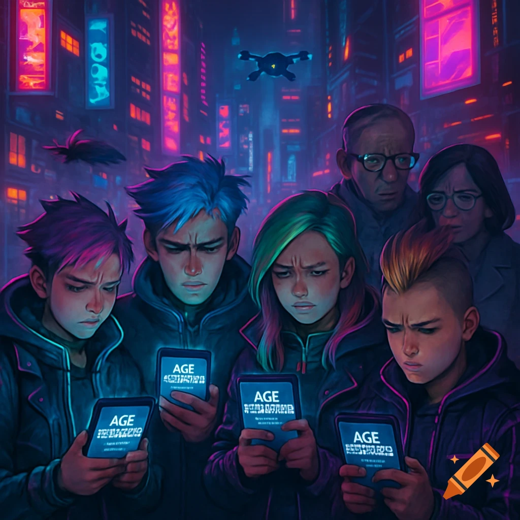 People in a cyberpunk city look down at their phones displaying 'AGE' and garbled text, appearing concerned, while adults in the background look on confusedly.