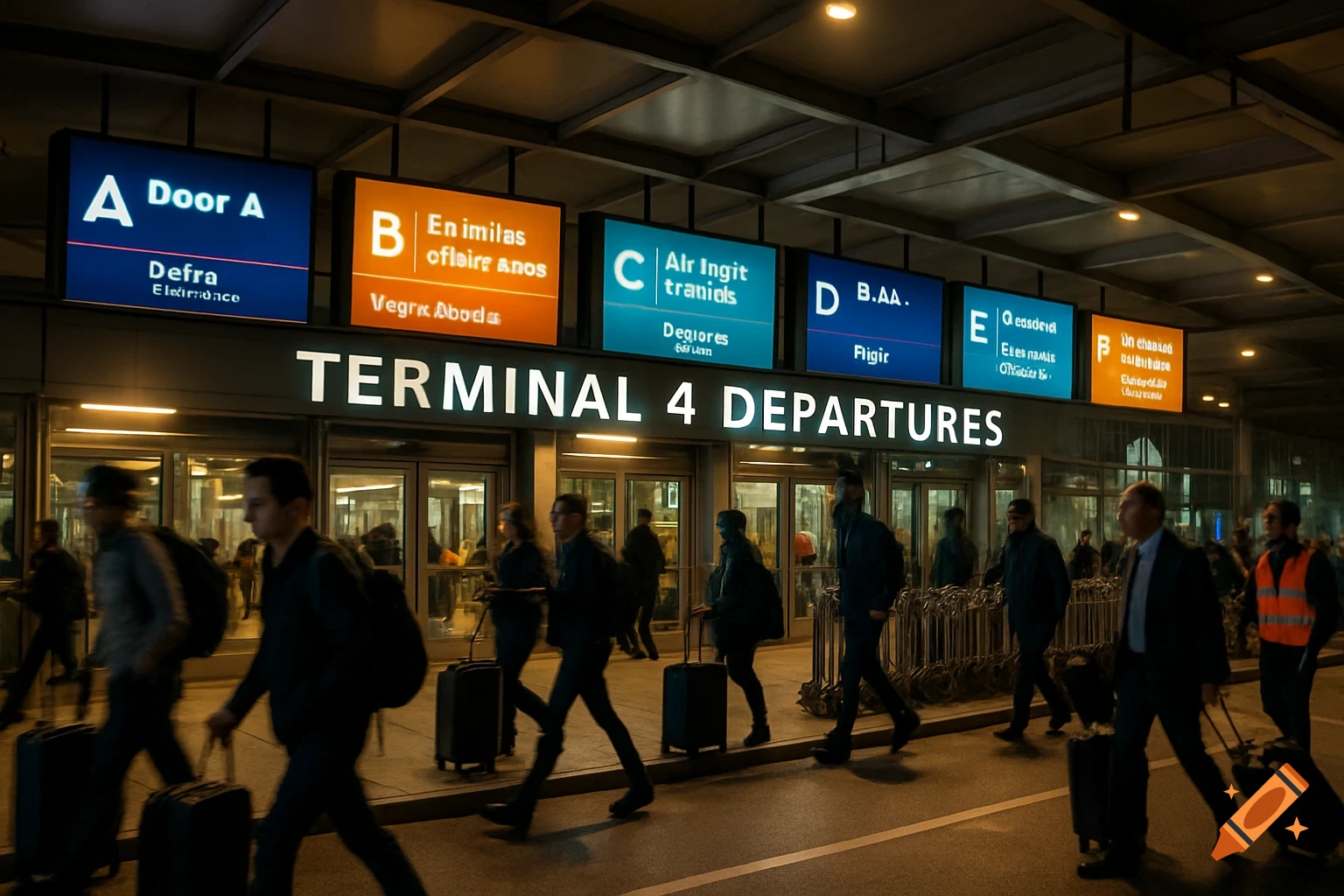 People walk with luggage outside an airport terminal at night, with illuminated signs displaying 'TERMINAL 4 DEPARTURES' and other garbled text.