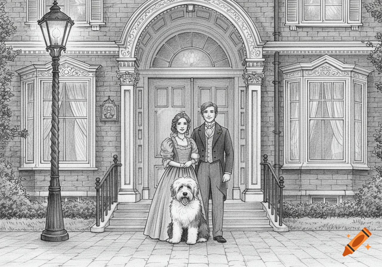 Pencil drawing of a couple and an Old English Sheepdog in front of a grand mansion.