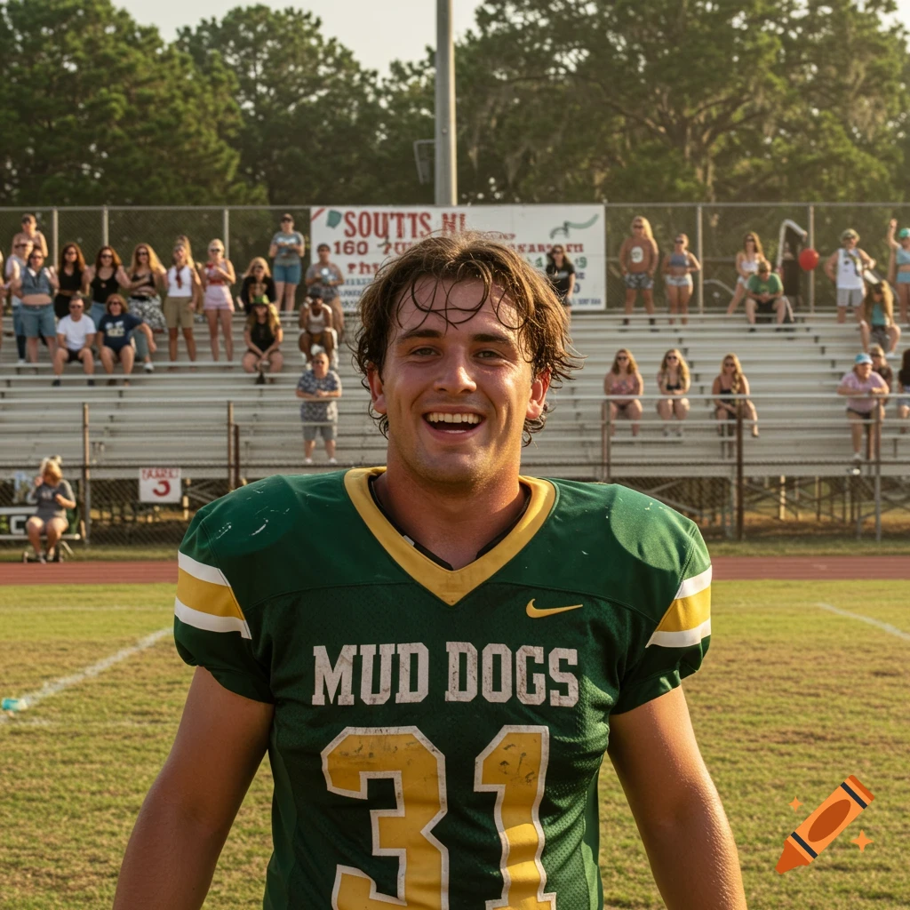 A smiling young male football player wearing a green and yellow Mud Dogs jersey with number 31 stands on a field with bleachers and fans in the background.
