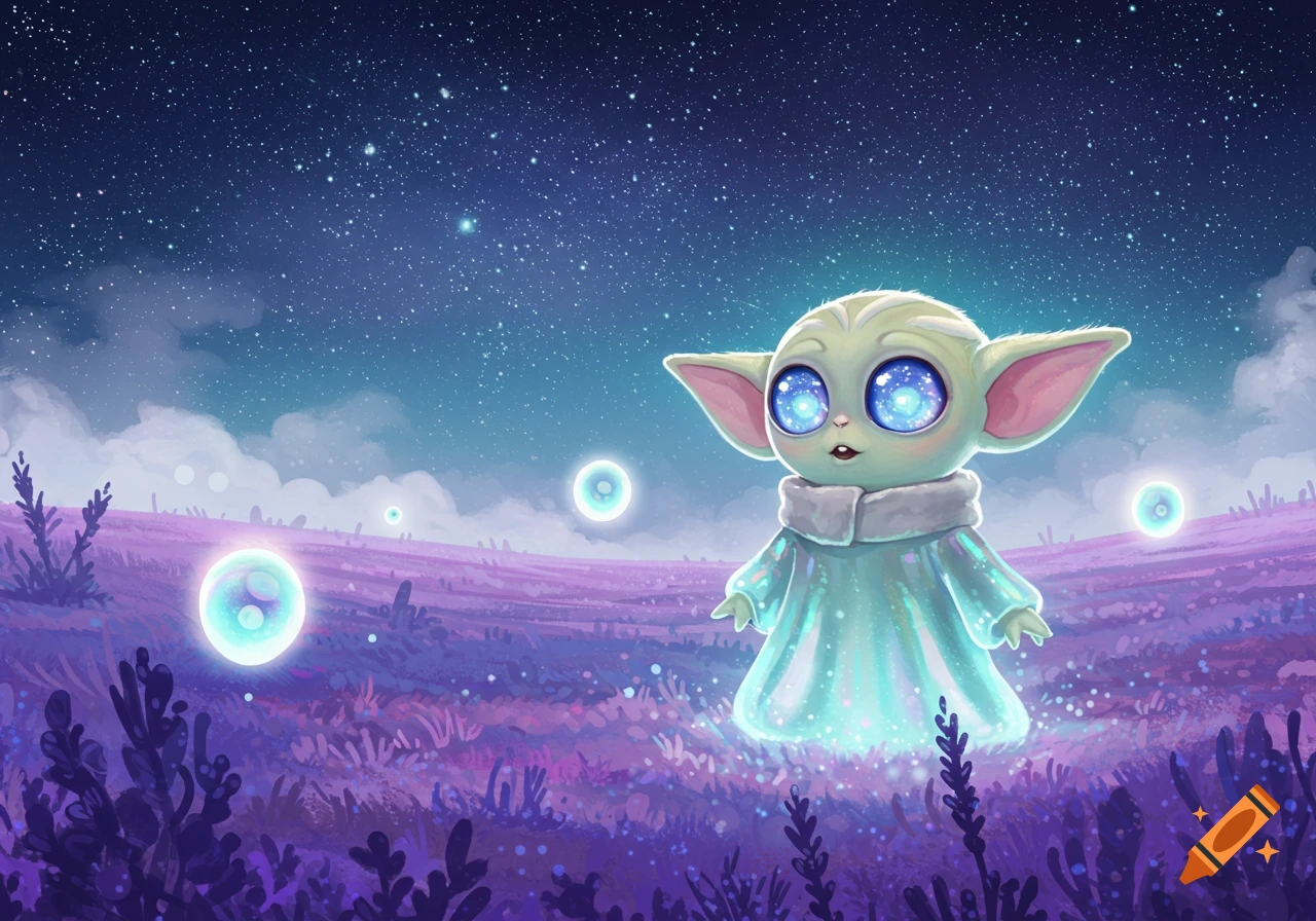 A cute alien creature with large, starry blue eyes stands in a vibrant purple field under a dark, star-filled sky with glowing orbs.