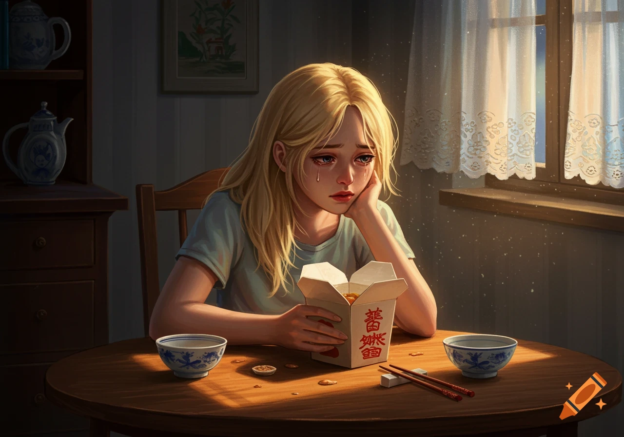 Blonde girl crying at a table with a Chinese takeaway box, two bowls, and chopsticks, in a softly lit room.