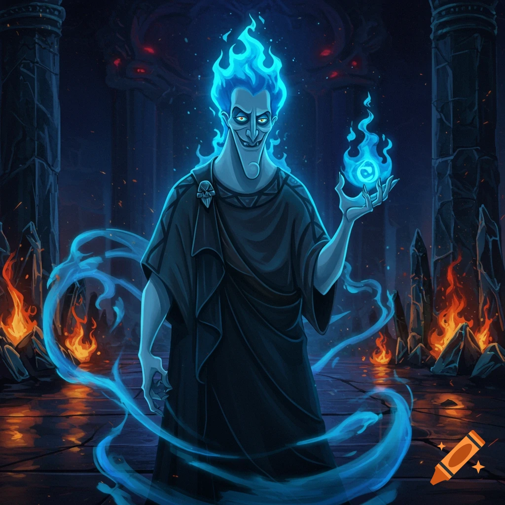 Cartoon-style Hades with blue flame hair stands in a dark temple, holding a glowing blue orb amidst fires.