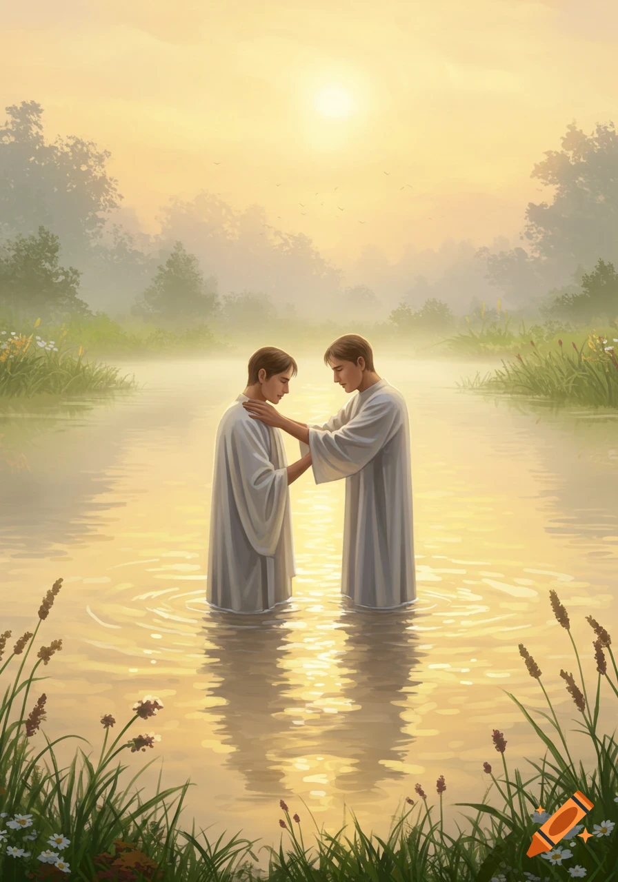 Two men in white robes stand in calm, golden water during a baptism, surrounded by misty trees and a bright sun.
