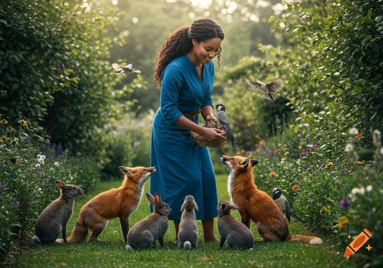 A smiling woman in a blue dress feeds foxes, rabbits, and birds from a basket in a lush, sunlit garden. Photorealistic.
