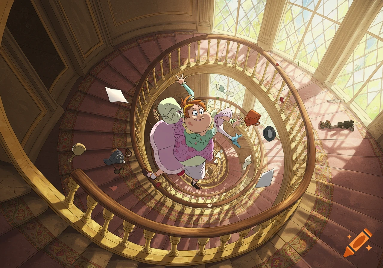 A plump animated character in a pink dress falls down a grand, winding spiral staircase, with papers and objects scattered around.