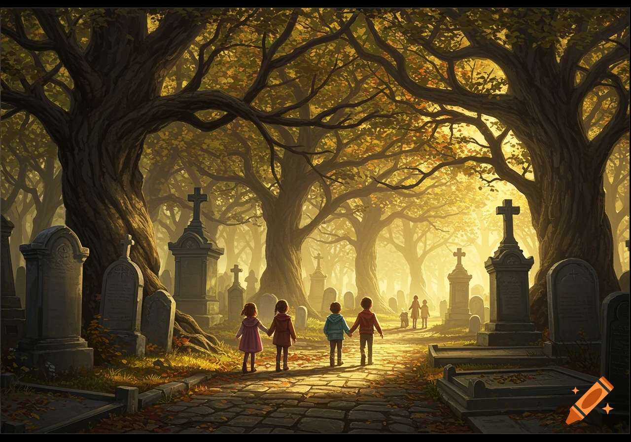 Four children walk hand-in-hand down a sunlit path through an old cemetery surrounded by large trees and gravestones in a stylized art style.