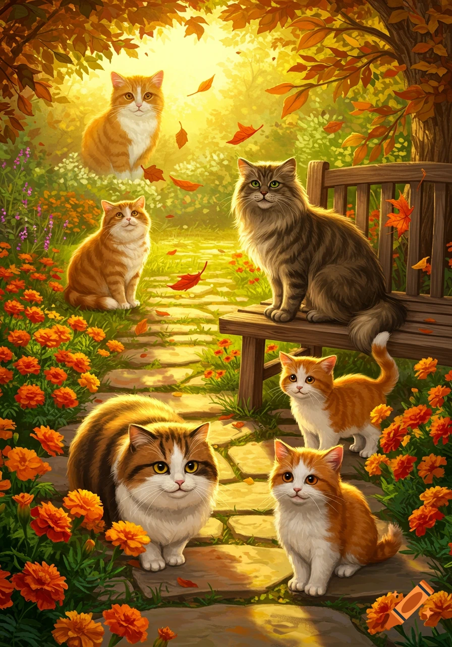 Five fluffy cats of various sizes and colors are in a sunlit autumn garden with marigolds and falling leaves.
