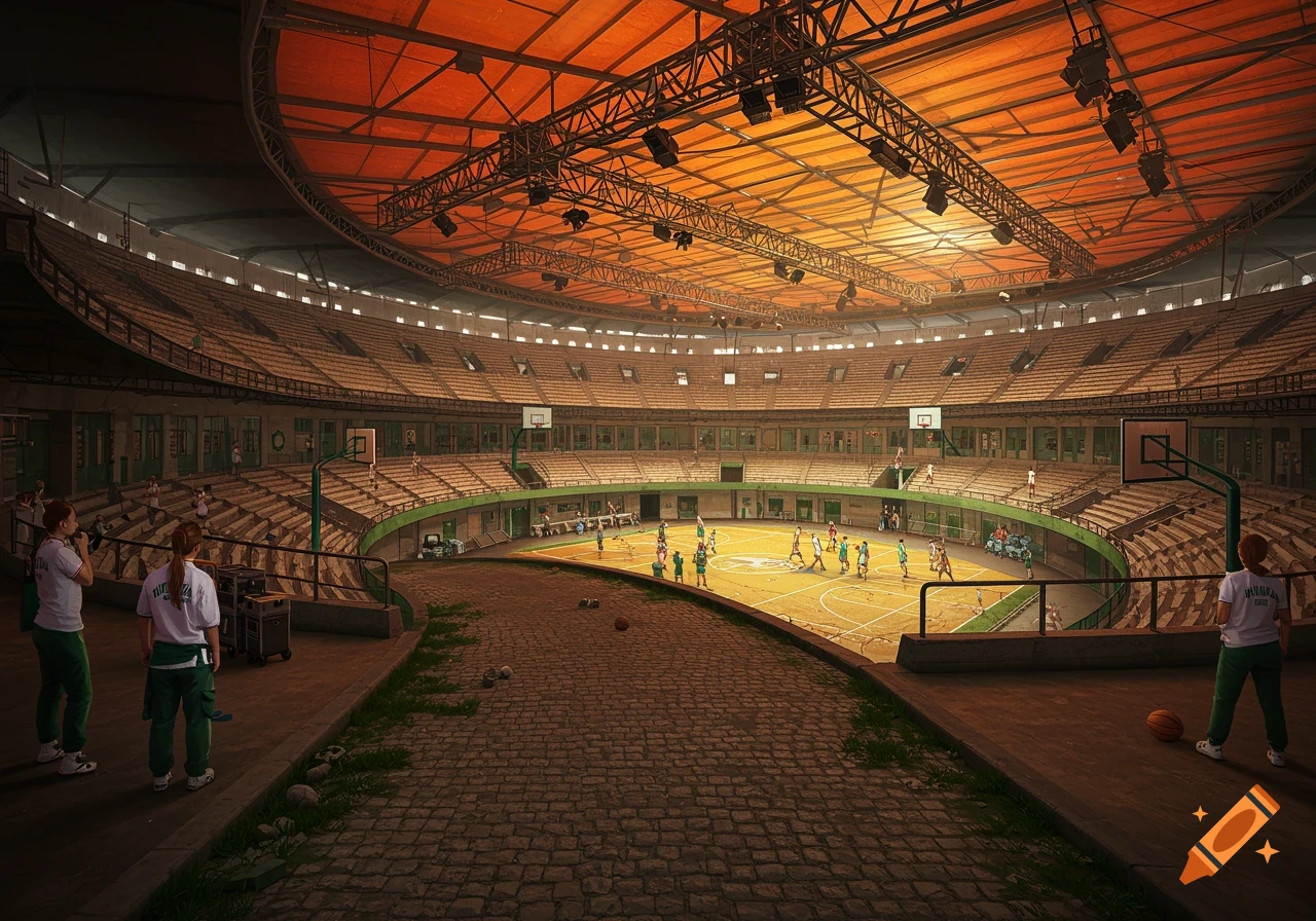 An expansive indoor basketball stadium with a warm orange ceiling and multiple basketball courts. Players are visible on the main court, and spectators are in the stands. The foreground features a stone path and two people in white shirts and green pants watching the game.