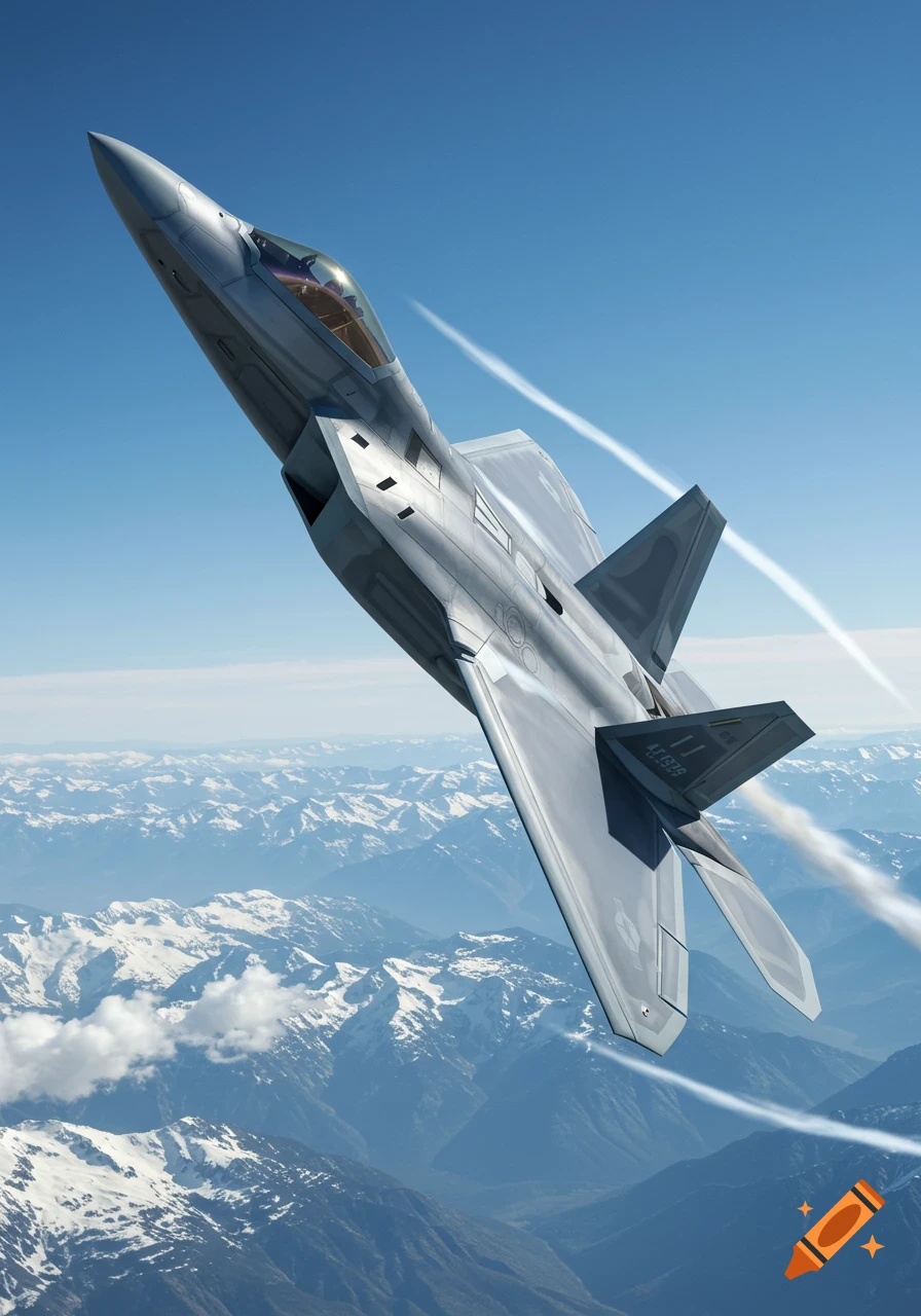 A photorealistic F-22 Raptor fighter jet flies over snow-capped mountains under a clear blue sky.