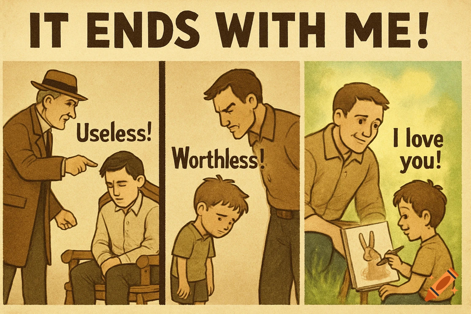 Three-panel illustration: A cycle of generational abuse ends with a father lovingly teaching his son. Vintage style.