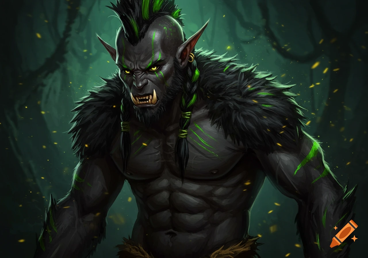 A fierce dark-skinned fantasy creature with a green mohawk, pointed ears, prominent fangs, and glowing yellow eyes against a dark forest background.