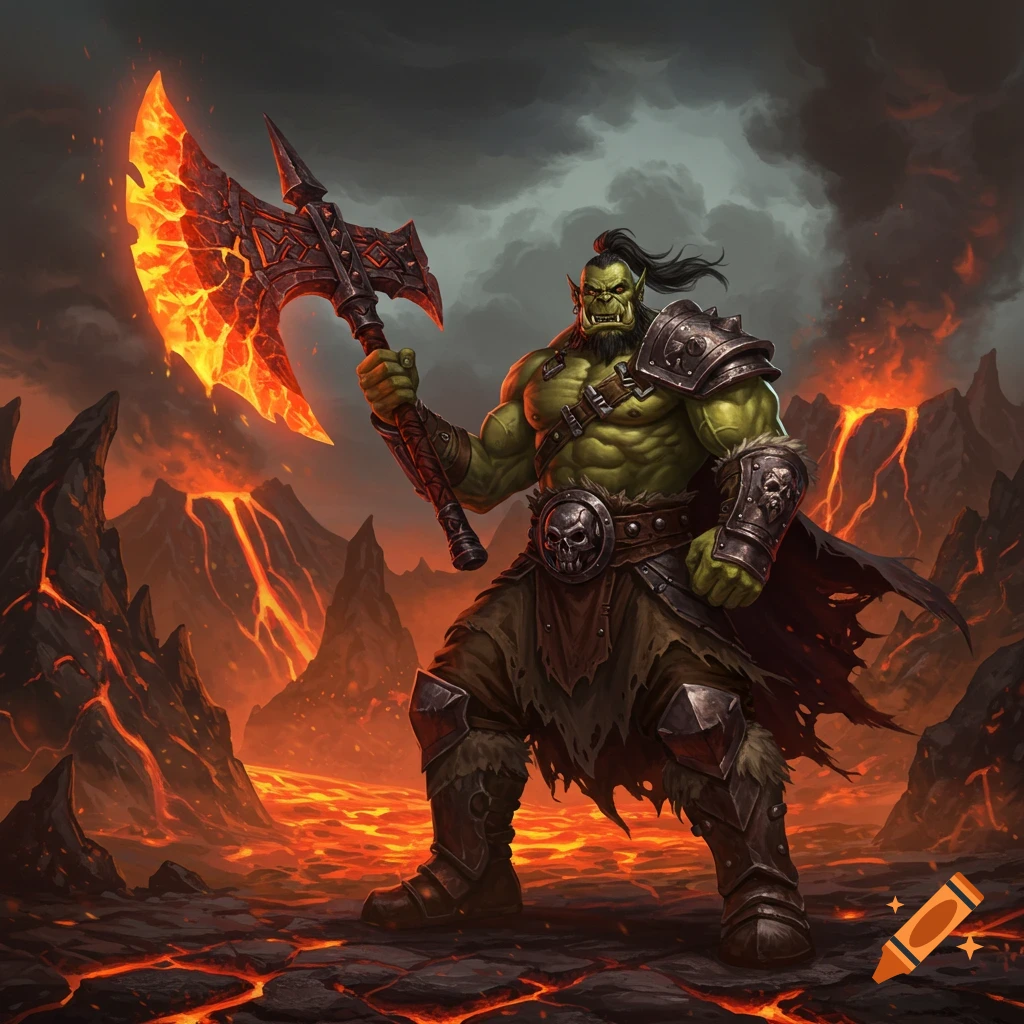 A muscular green orc warrior stands in a fiery lava landscape, holding a glowing magma axe.