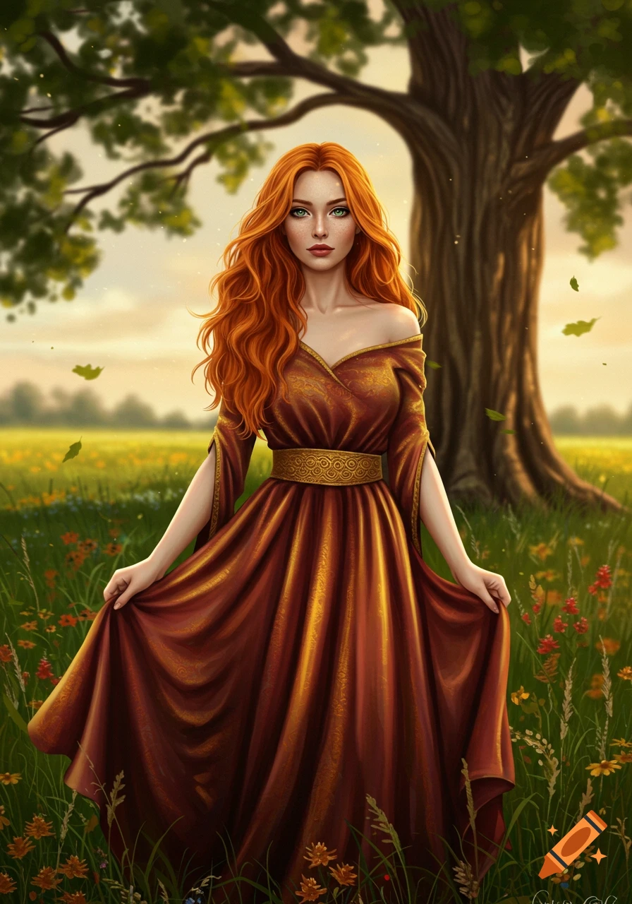 A red-haired woman with green eyes in a flowing brown dress stands in a vibrant wildflower field with a large tree under a golden sky.