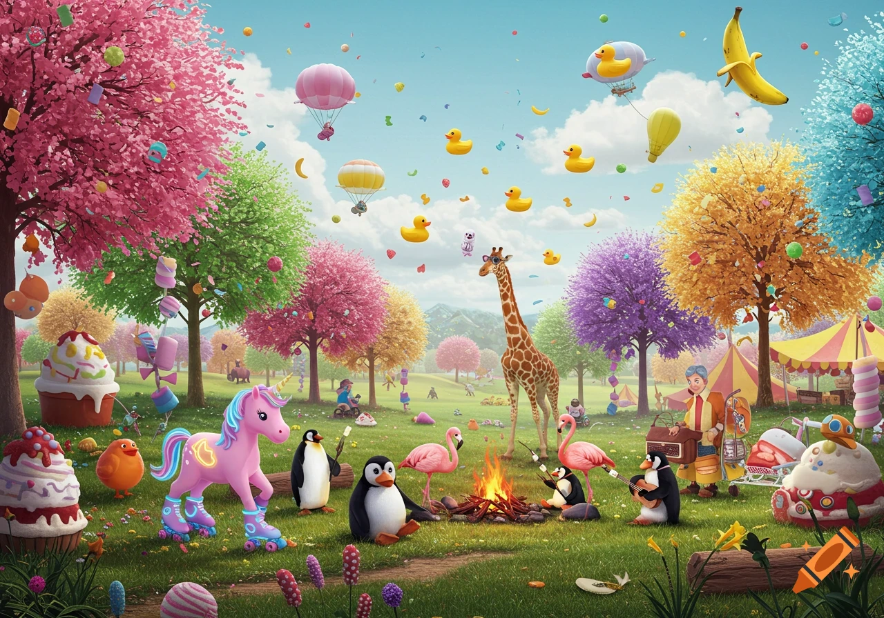 Whimsical landscape with colorful trees, a pink unicorn on roller skates, penguins, flamingos, a giraffe, and giant cupcakes.