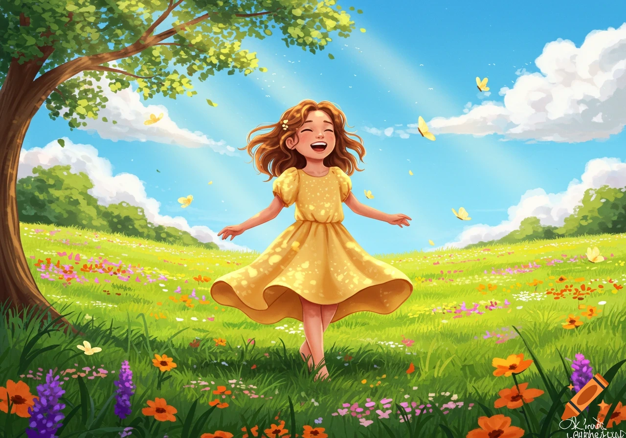 A happy young girl in a yellow dress runs barefoot through a vibrant green field with colorful flowers and butterflies under a blue sky. Illustrated style.