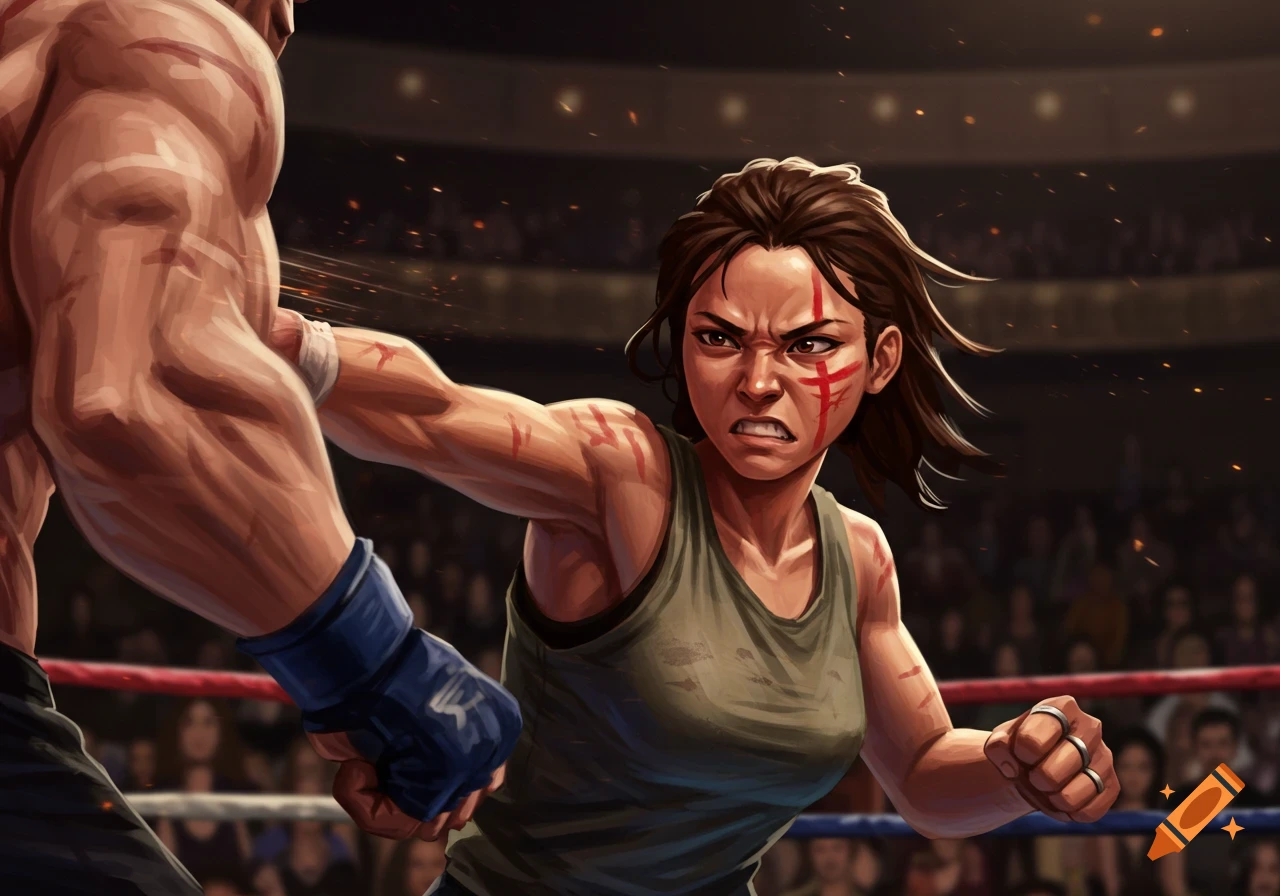 An illustration of a determined girl with red face markings punching a muscular man in a boxing ring, with a blurred crowd in the background.