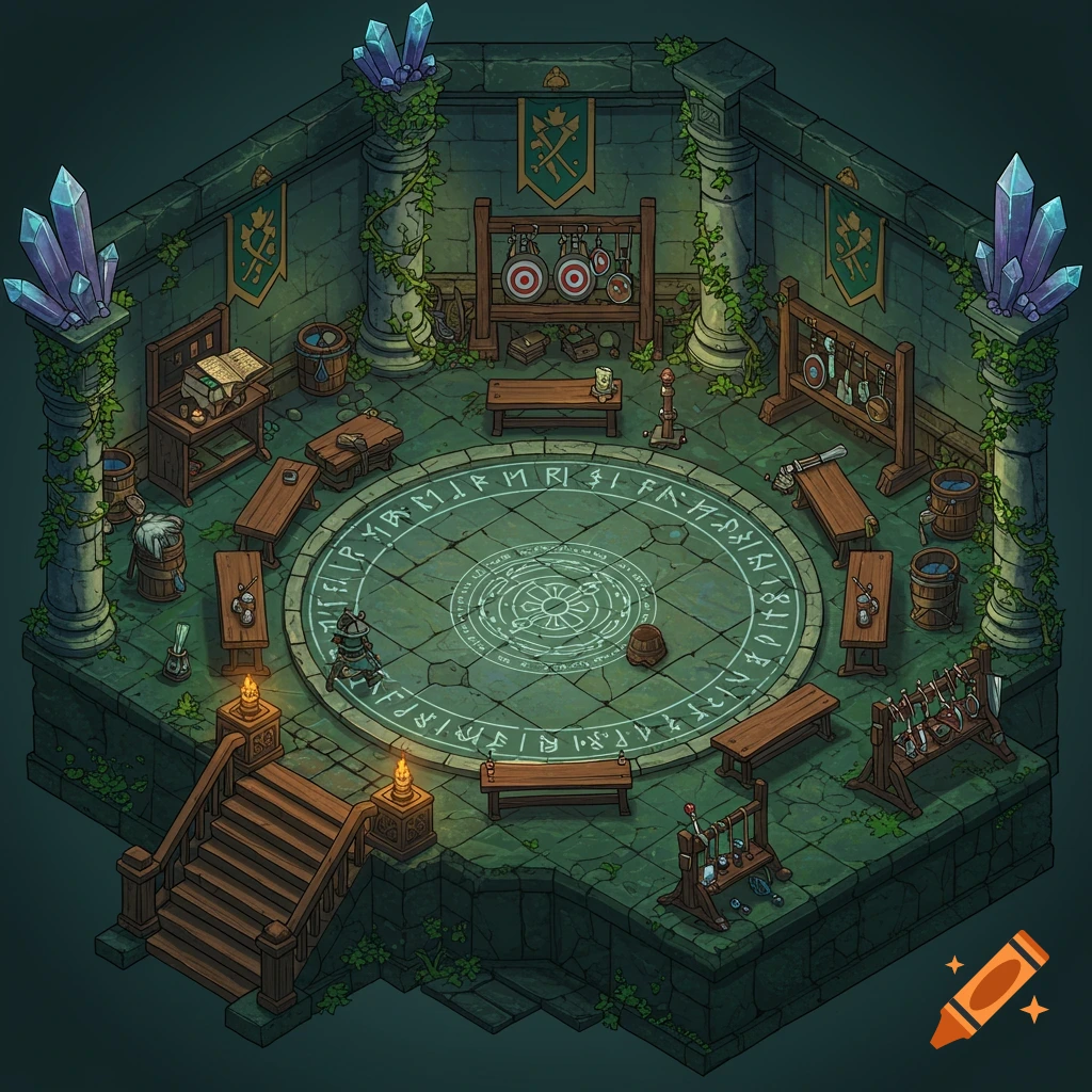 An isometric view of a fantasy Dungeons and Dragons gym or training room with a large magical circle on the floor, surrounded by weapons racks, benches, and crystals.
