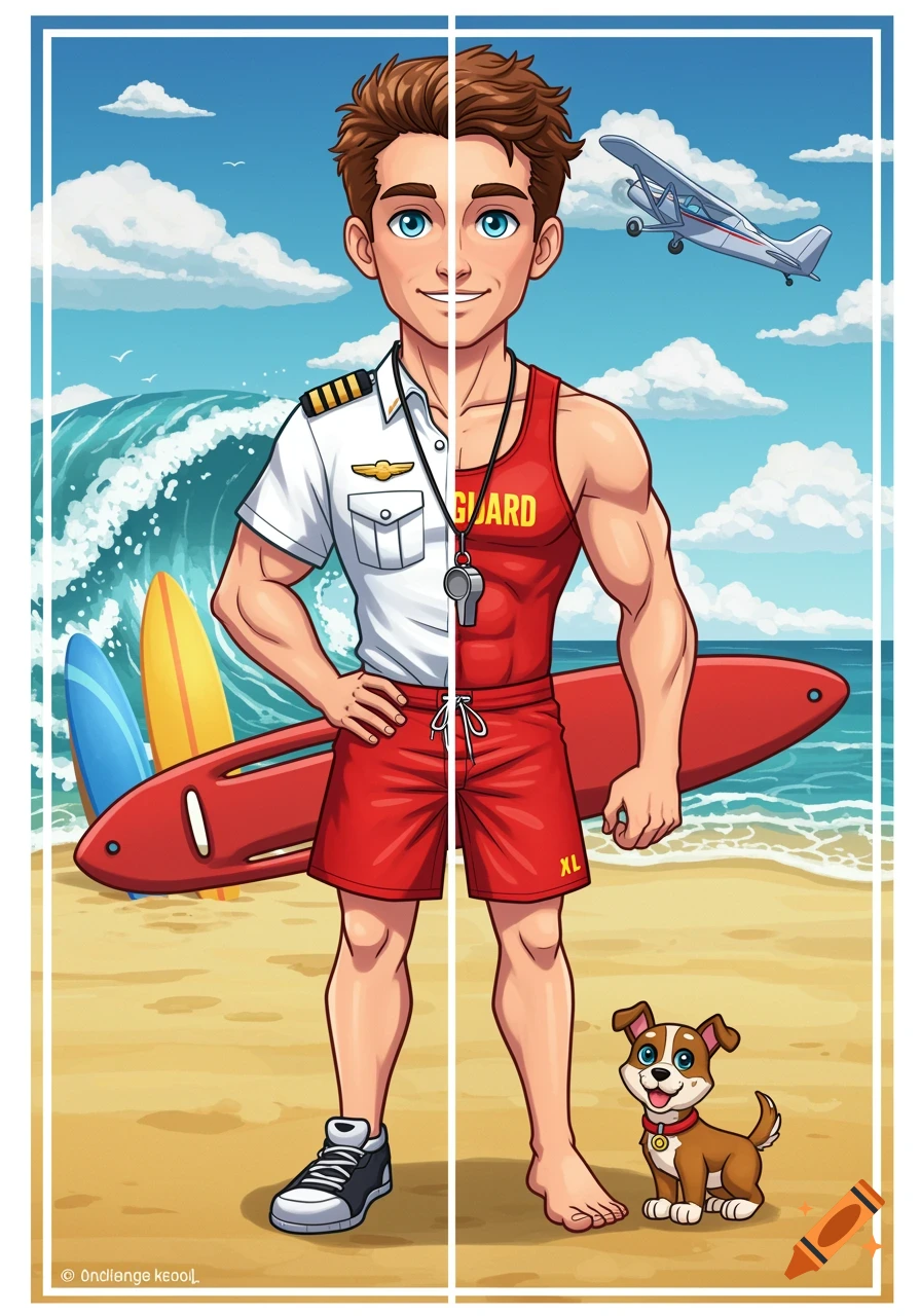 A cartoon man, split down the middle, is a pilot on the left and a lifeguard on the right, standing on a beach with a dog.