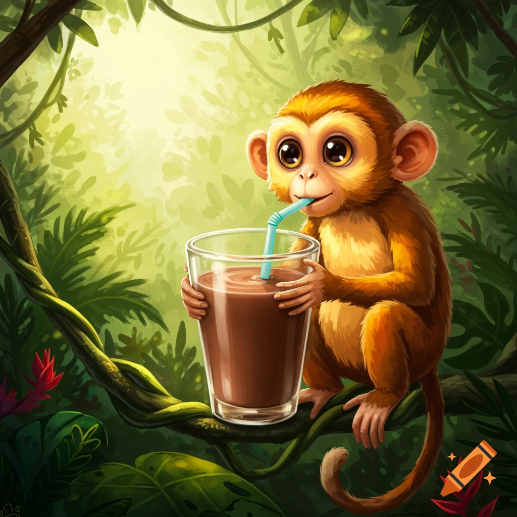 A cute cartoon monkey with big eyes drinks chocolate milk from a glass with a straw, sitting on a vine in a sunny jungle.