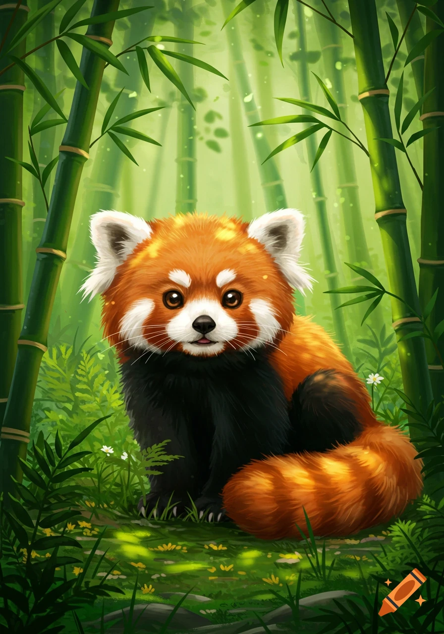 A cute red panda sits in a lush green bamboo forest with sunlight filtering through the leaves.