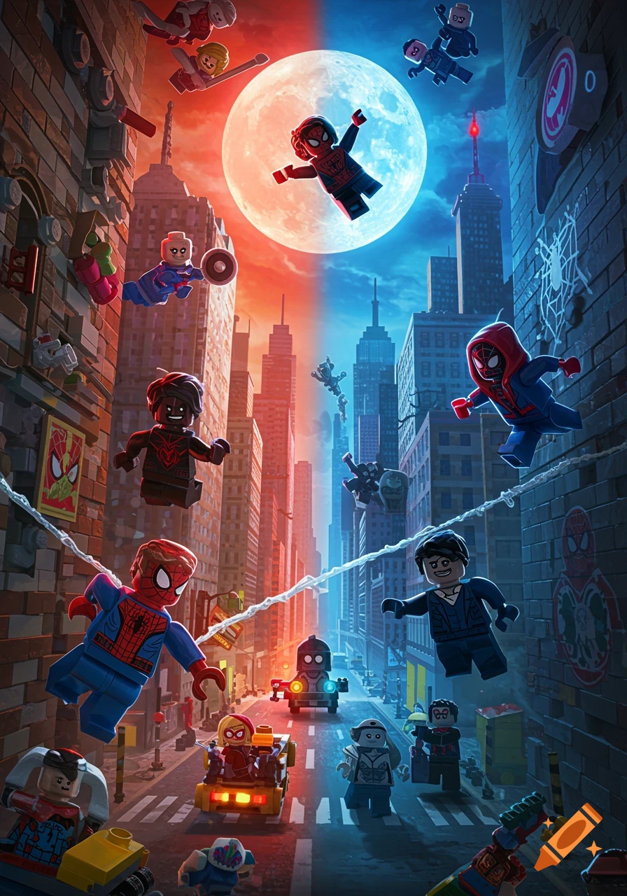 Lego Spider-Man characters, including Miles Morales, Peter Parker, and Spider-Gwen, in a split day/night cityscape with a large moon.