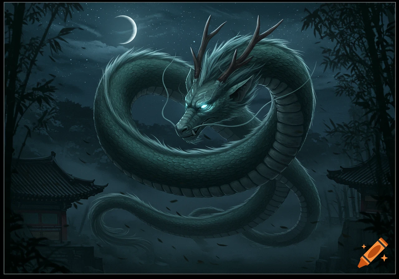 A large green dragon with glowing eyes coiled in a dark, starry night sky over traditional Asian architecture and bamboo.