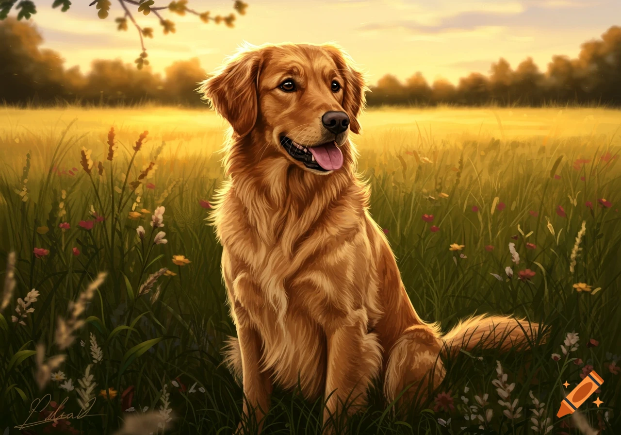 A Golden Retriever dog sitting in a sunny field with wildflowers at sunset, rendered in a painterly style.
