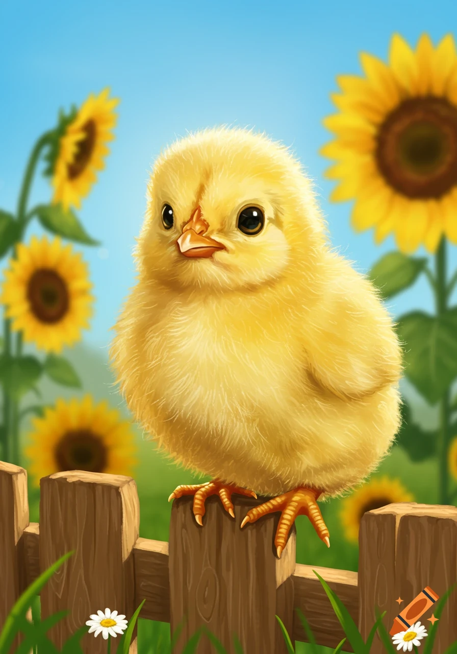 A fluffy yellow chick stands on a wooden fence among sunflowers under a bright blue sky, in an illustration.