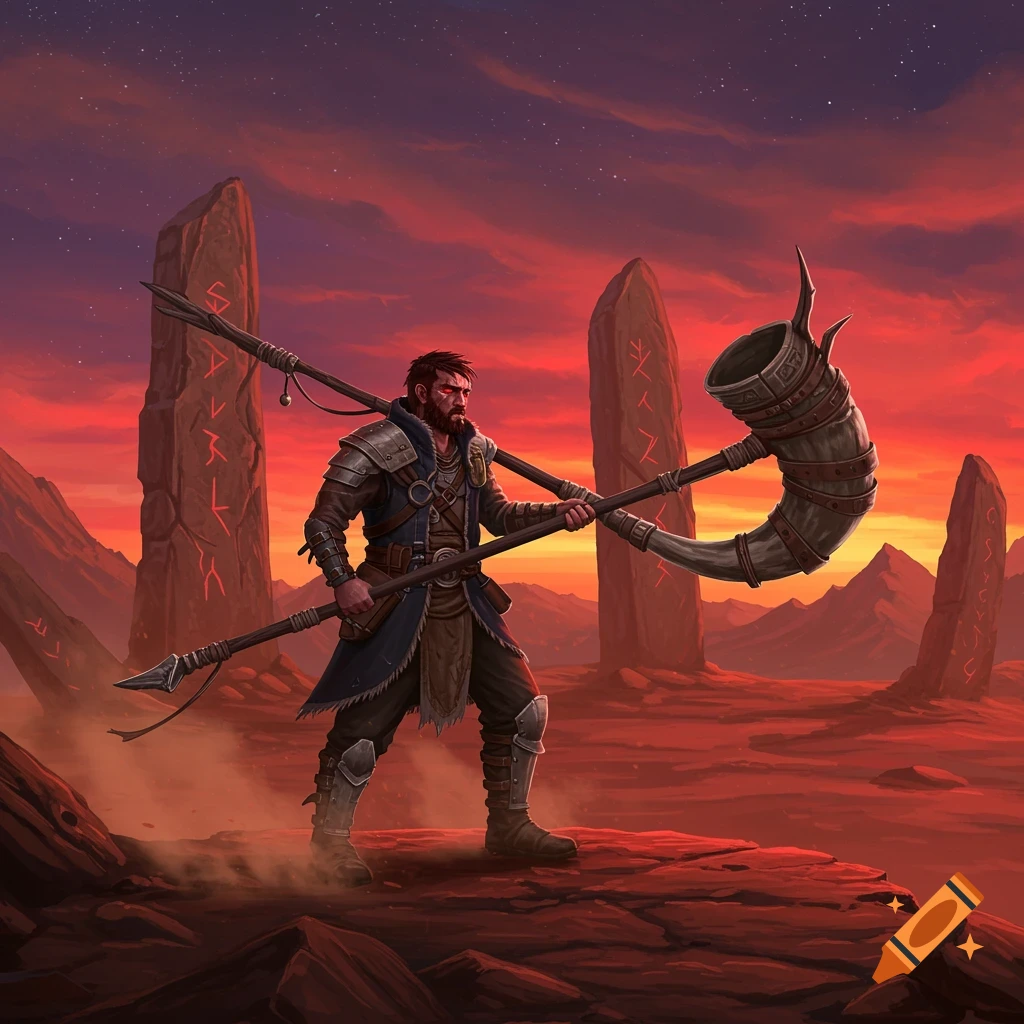 A warrior-like man with red eyes stands on a rocky, red landscape under a vibrant sunset, holding a spear and a large horn, with runic stones in the background.