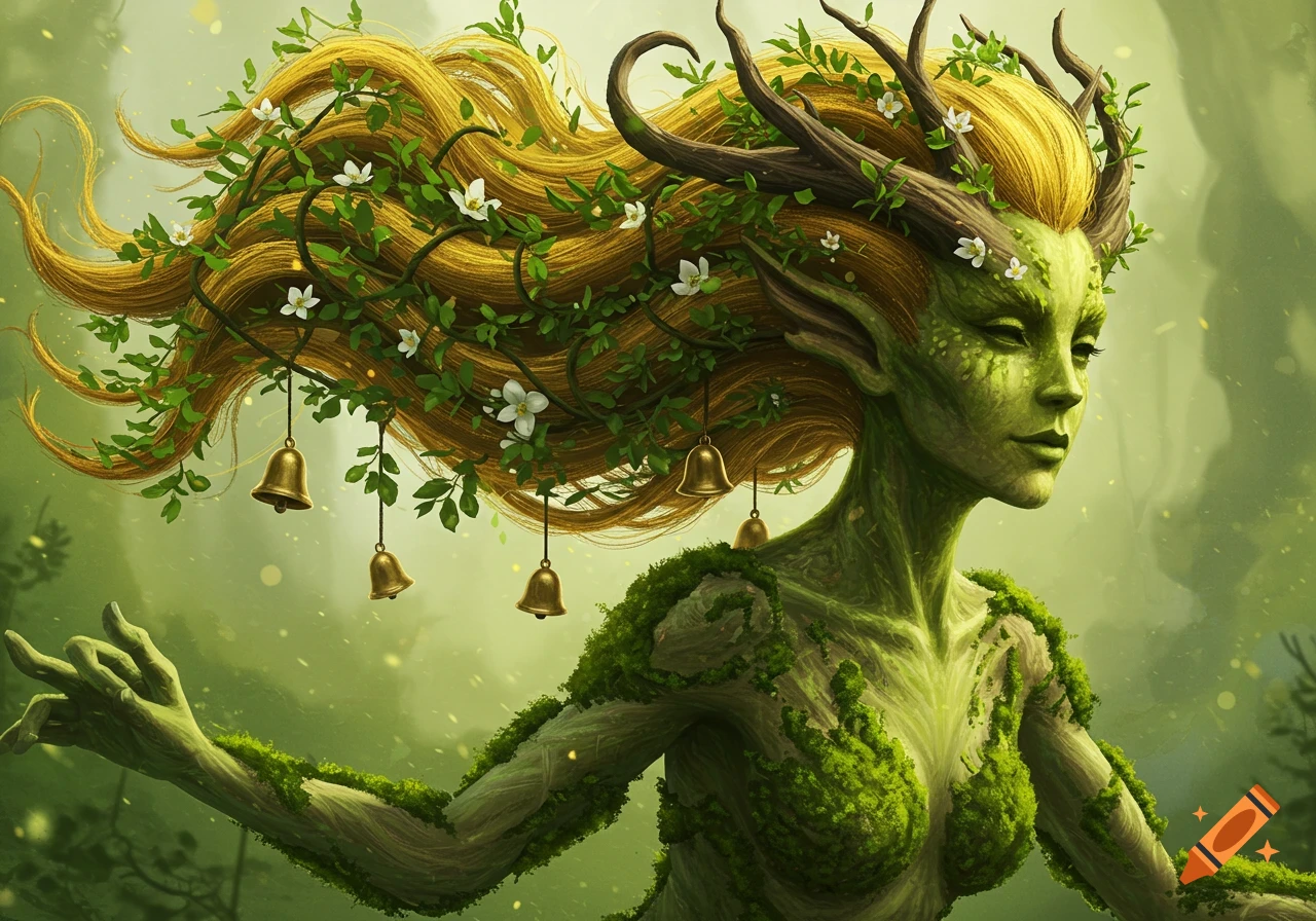 A fantasy creature with green moss-covered skin and golden hair adorned with leaves, white flowers, and bells.