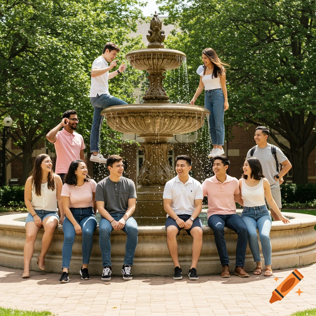 A diverse group of college students smiling and posing around a large fountain on a sunny campus.