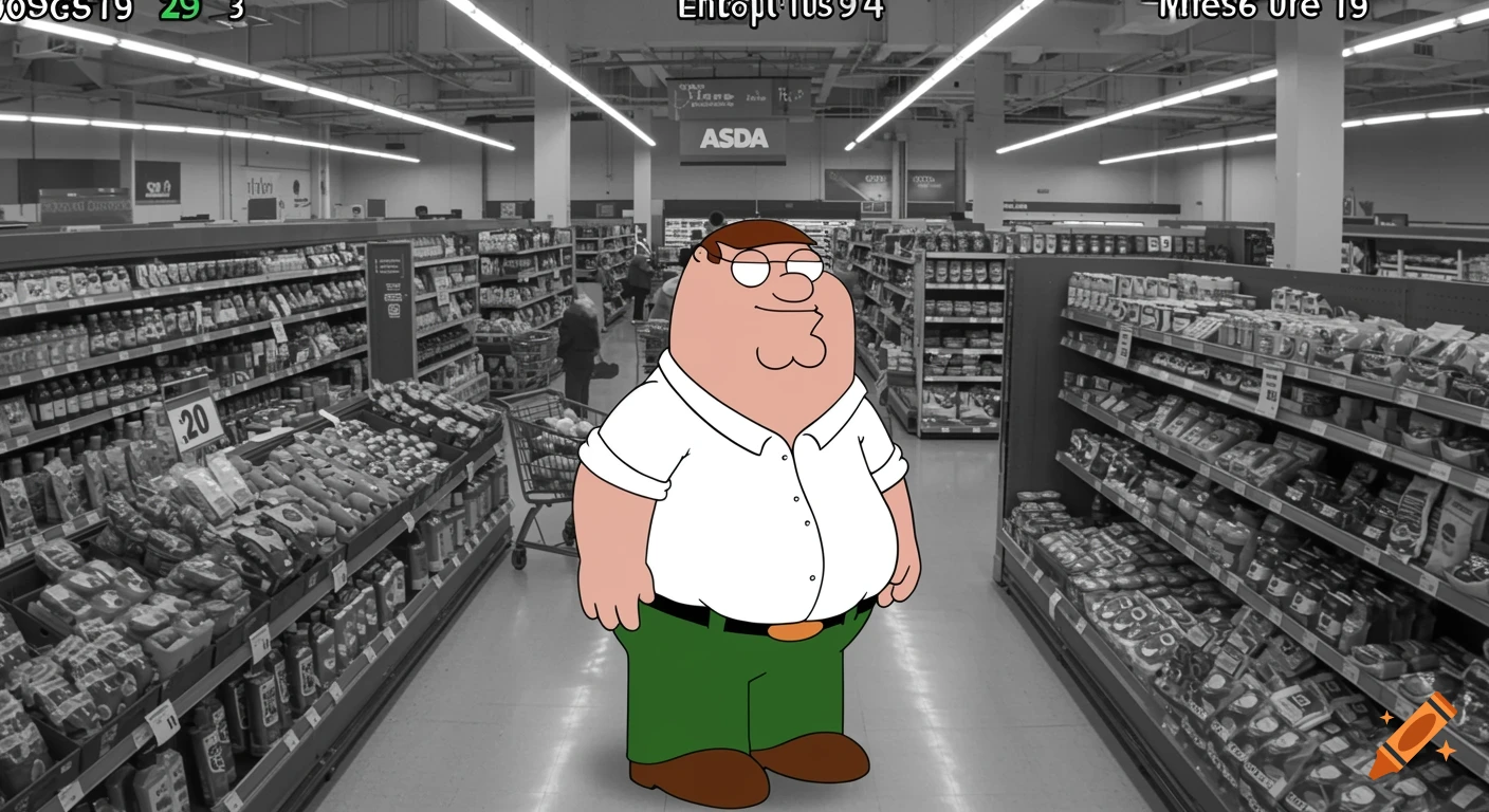 Peter Griffin from Family Guy stands in the aisle of a grayscale supermarket, resembling security camera footage.