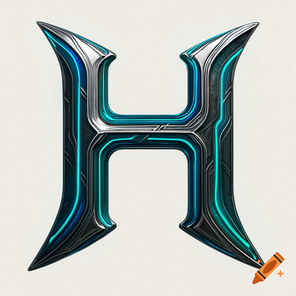 A futuristic, metallic letter H with glowing blue accents on a plain background.