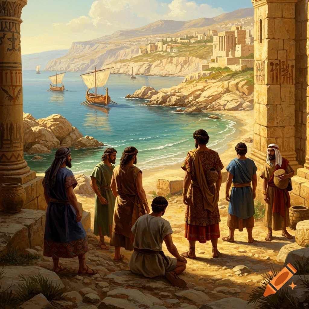 A traditional painting of ancient people on a rocky coast, overlooking a bay with sailboats and a coastal city.
