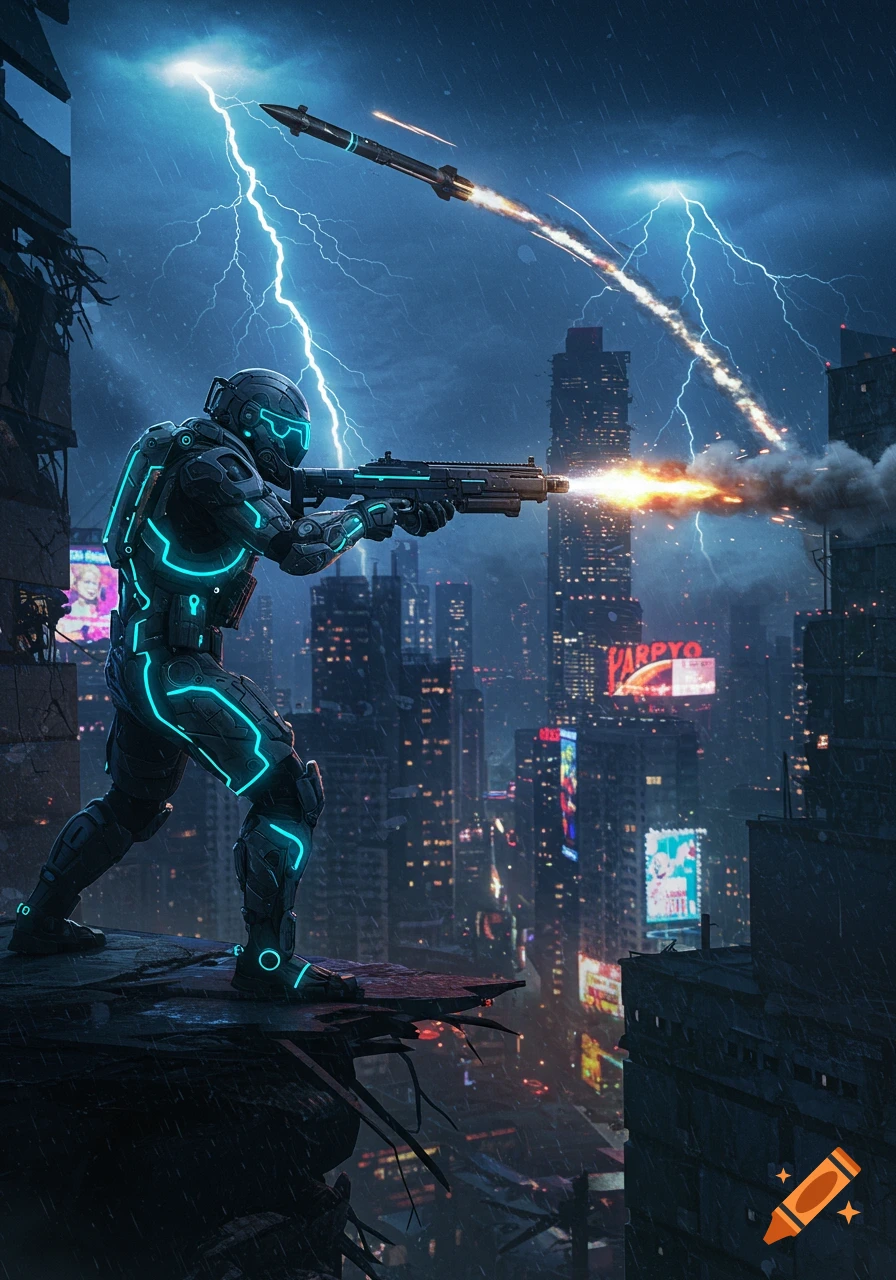 A futuristic soldier in glowing armor aims a rifle on a crumbling rooftop, as a missile flies across a lightning-struck, rainy cyberpunk city.