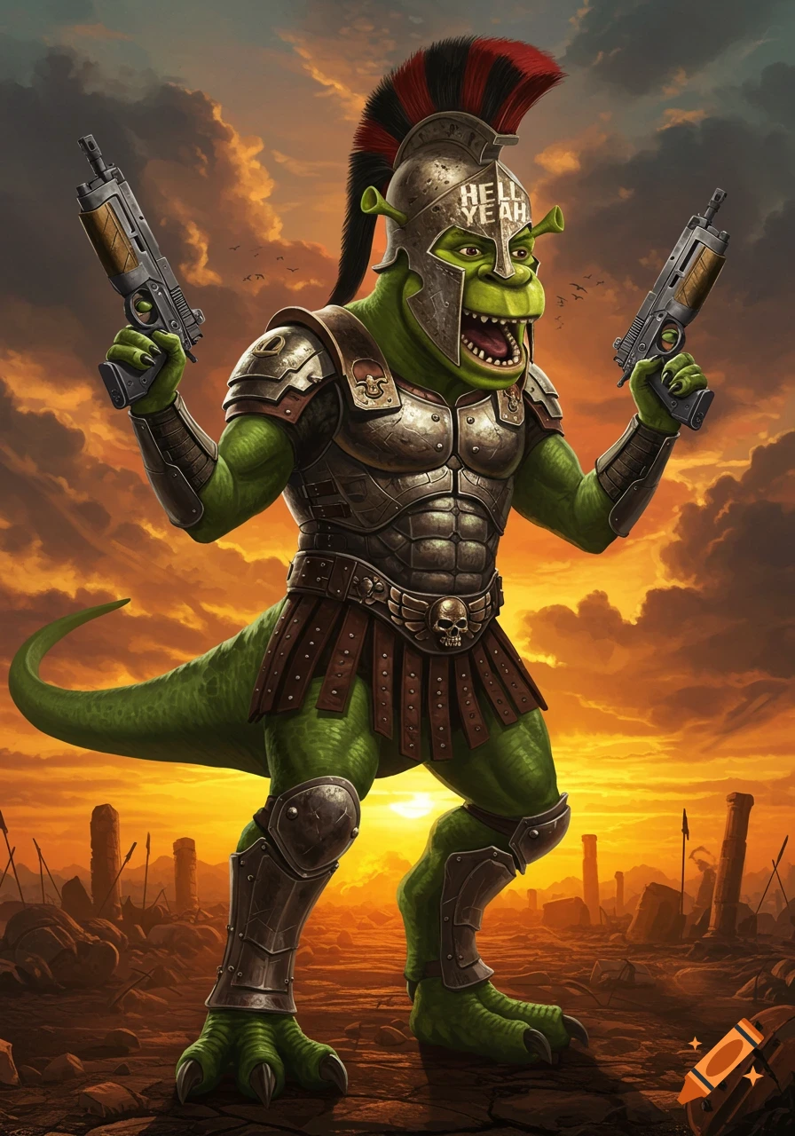 A green Shrek-like T-Rex in Spartan armor with a mohawk and two guns stands in a ruined sunset landscape.