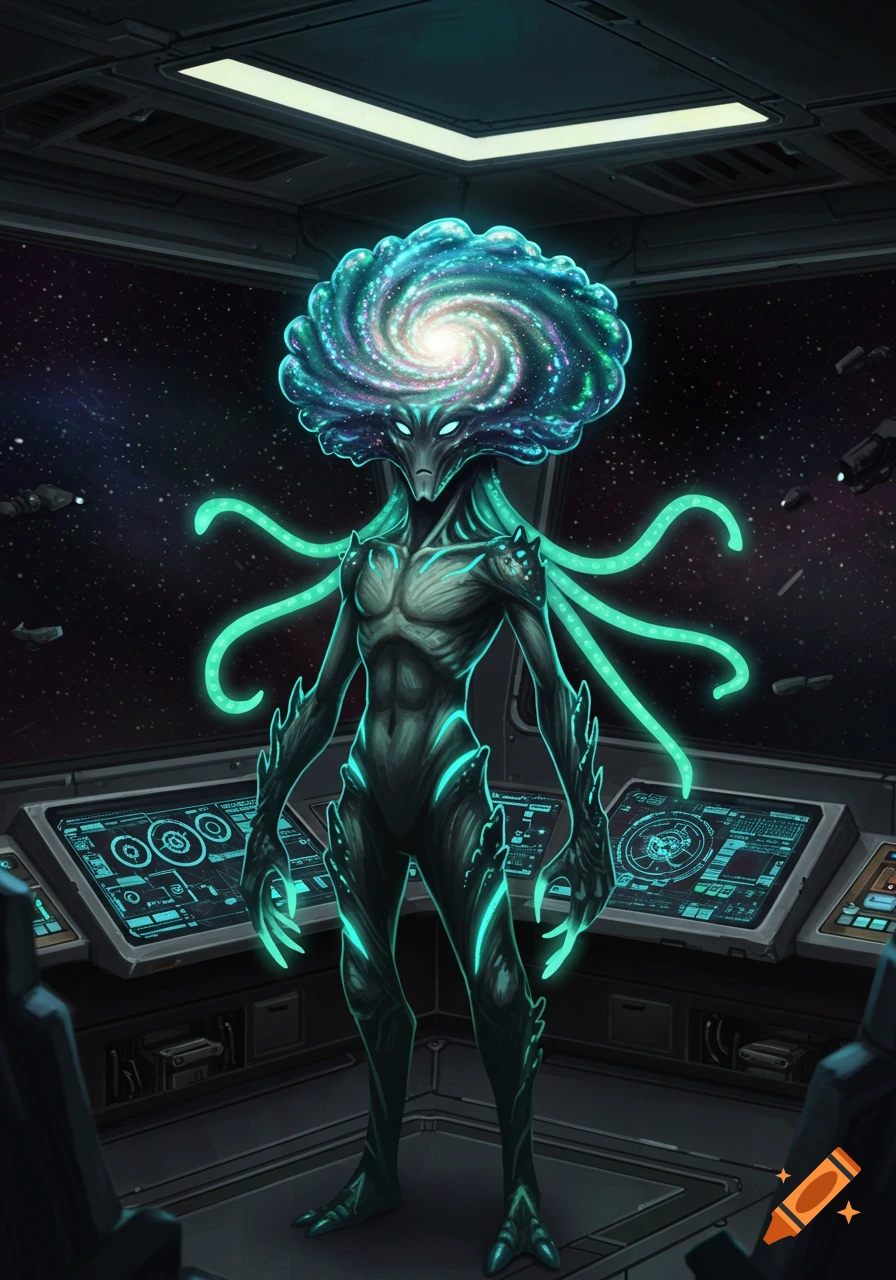 An alien with a spiral galaxy head and glowing teal body stands in a spaceship cockpit, looking out at space.
