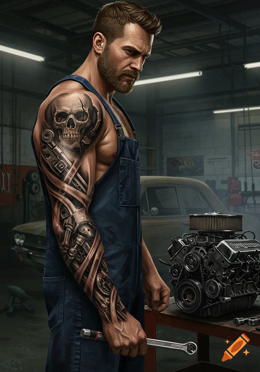 Muscular mechanic with skull and machinery arm tattoo holds a wrench next to an engine in a garage. Digital art.