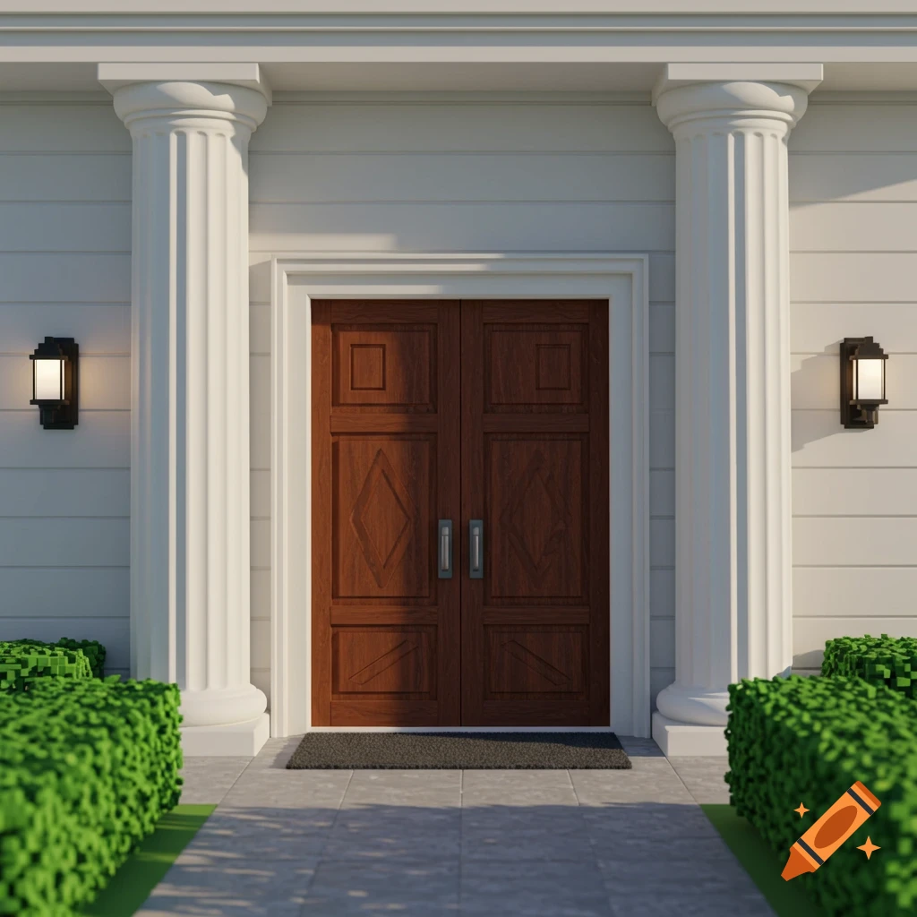 A large double wooden entryway with two white fluted columns, flanked by green blocky hedges and two outdoor wall lights, rendered in a digital art style.