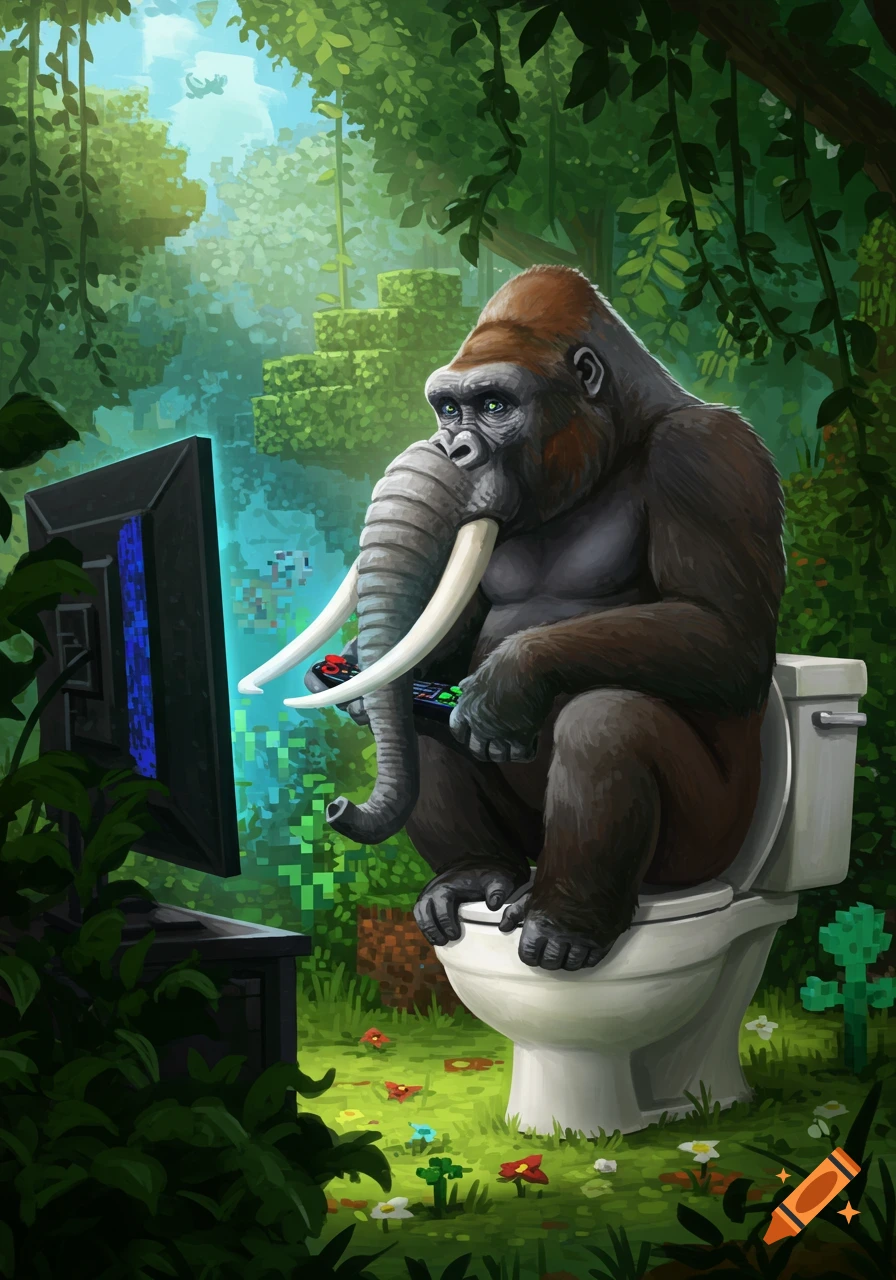 A gorilla-elephant hybrid sits on a toilet in a lush jungle, intently playing Minecraft on a PC monitor, digital painting.