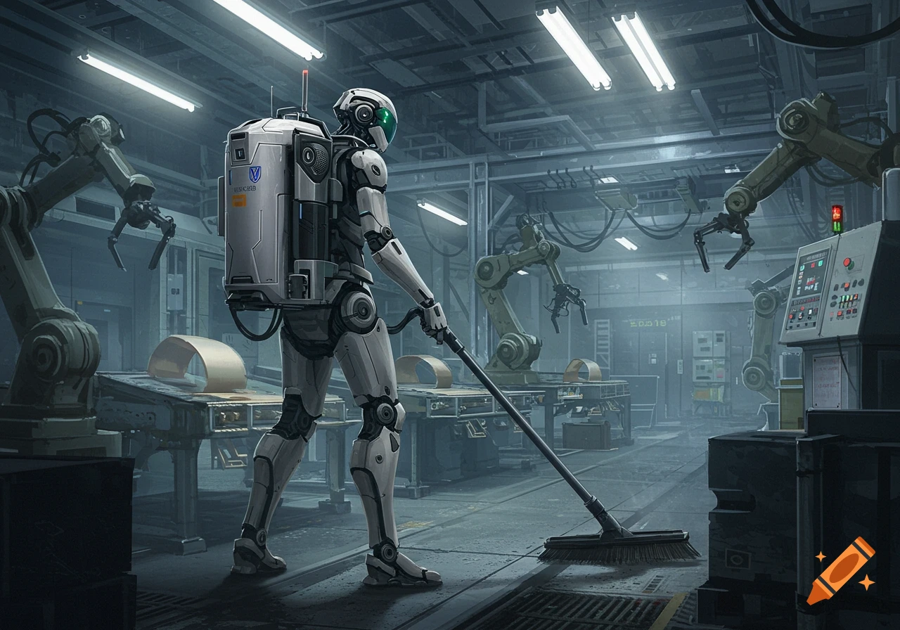 Humanoid robot with a backpack vacuum cleaning a futuristic factory floor, surrounded by robotic arms and machinery.