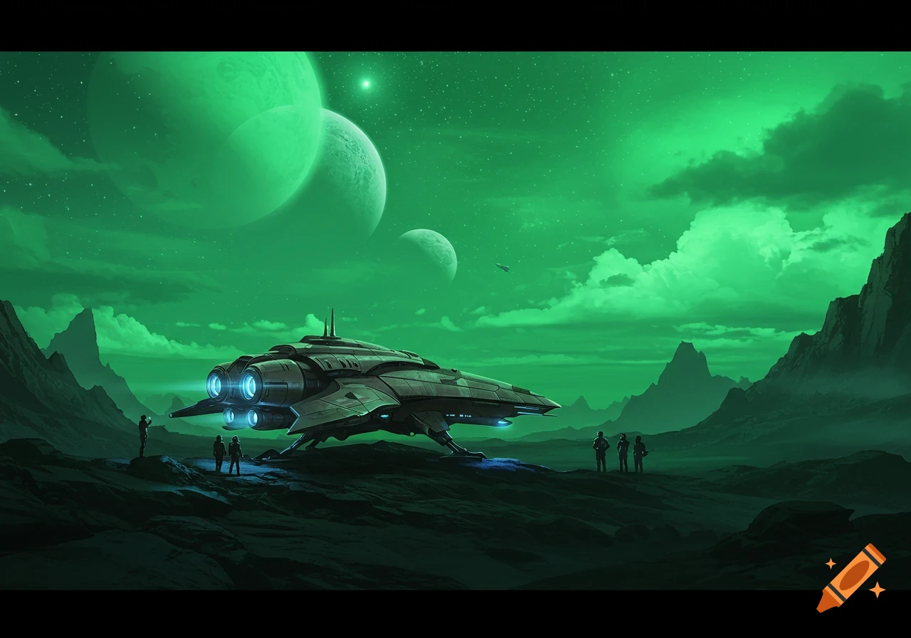 A large spaceship landed on a rugged alien planet with a green sky, two large moons, and distant mountains, with several people standing near it.