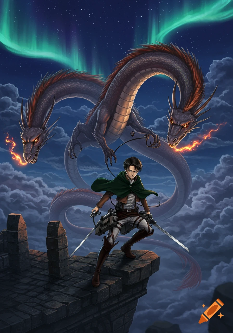 An anime character, Levi from Attack on Titan, stands on a stone structure as two grey dragons breathe fire under a night sky with aurora.