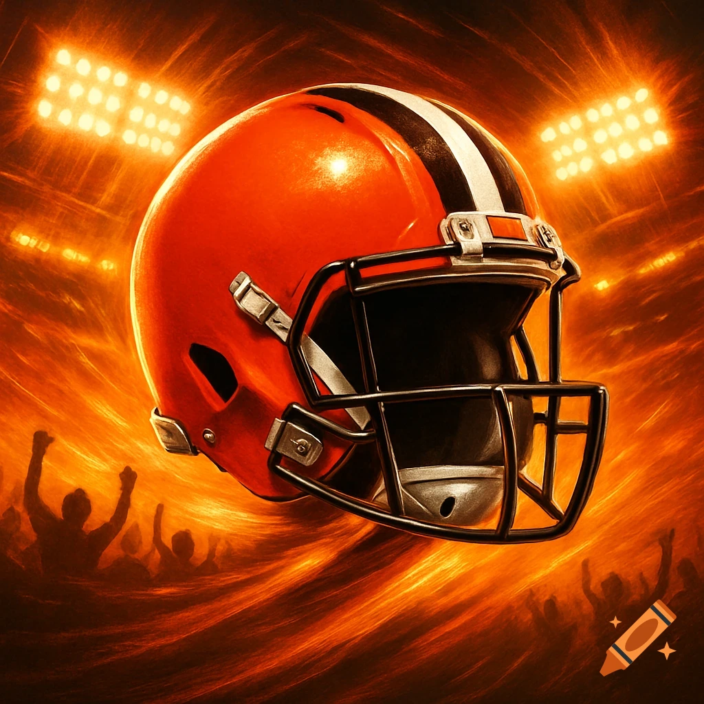 An orange football helmet with brown and white stripes, set against a fiery stadium background with bright lights and cheering fans.