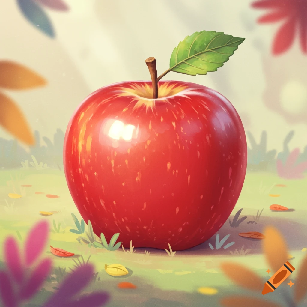 A cartoonish red apple with a green leaf sits on grassy ground among fallen leaves.