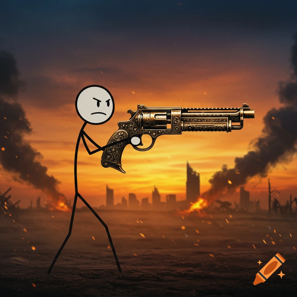 A stickman holds a large, ornate golden revolver with an angry expression against a post-apocalyptic, fiery sunset cityscape.
